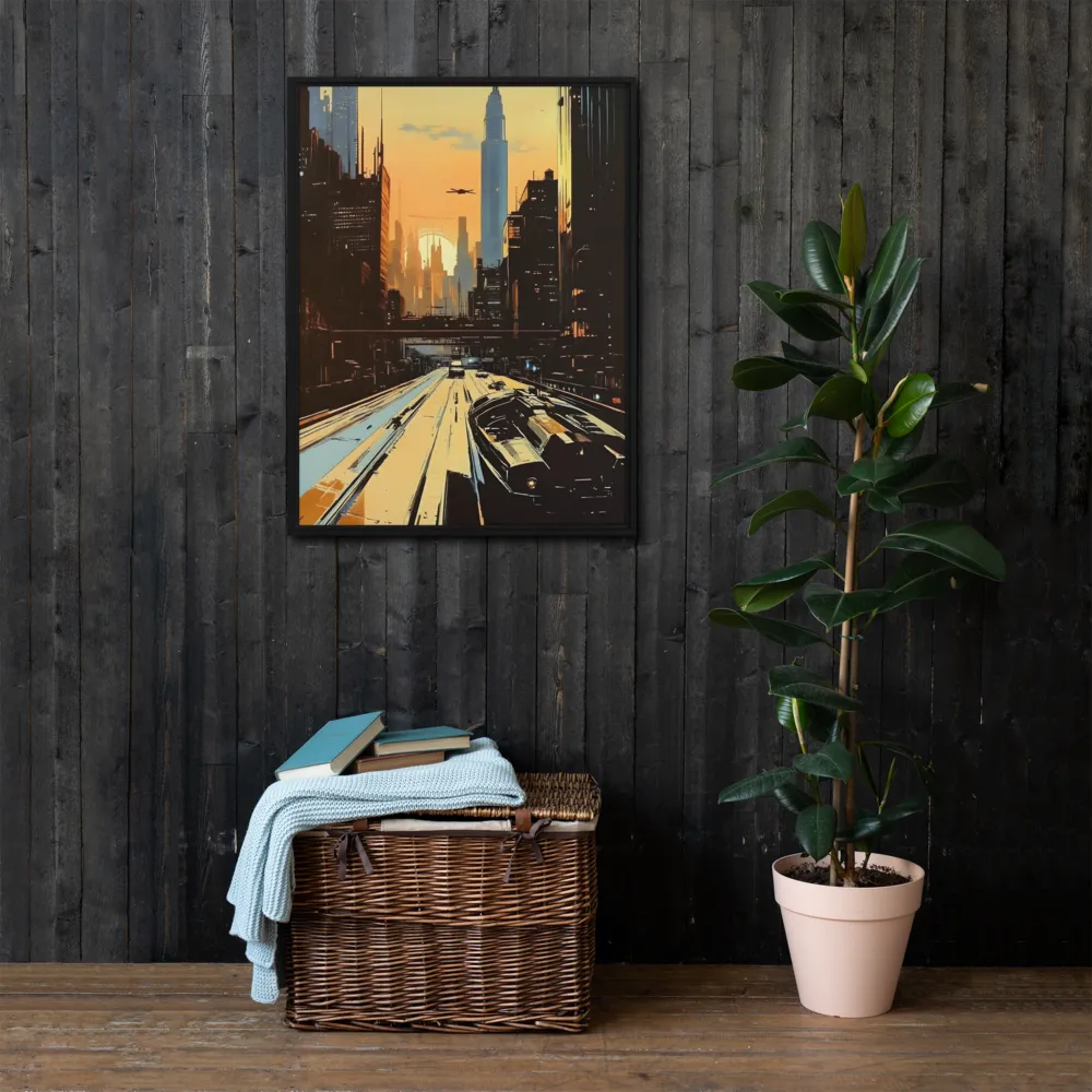Metro Nexus: A Futuristic Cityscape | Canvas with Black Frame | 24″×32″