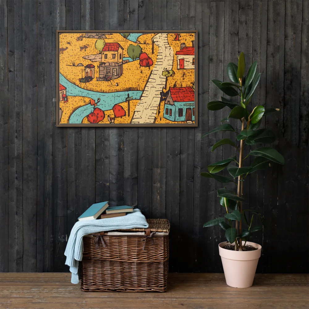Whimsical Village Landscape | Canvas with Brown Frame | 24″×36″