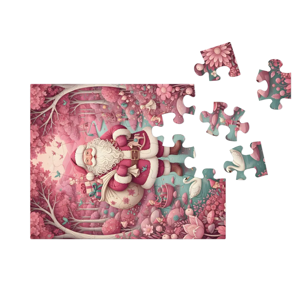 Pink Woodland Santa 
 Jigsaw Puzzle in Tin Box
