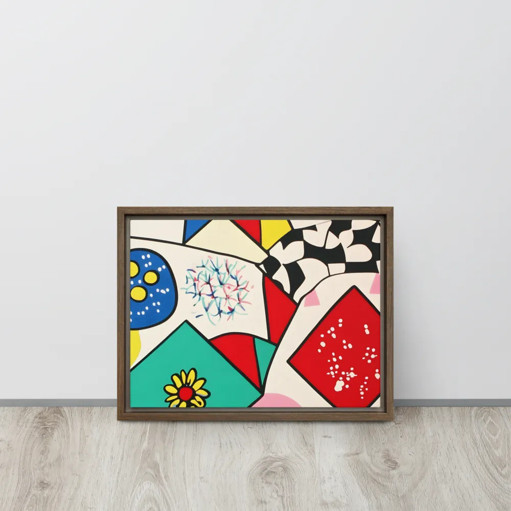 Joyful Geometry: A Playful Dance of Shapes and Colors | Canvas with Brown Frame | 12″×16″