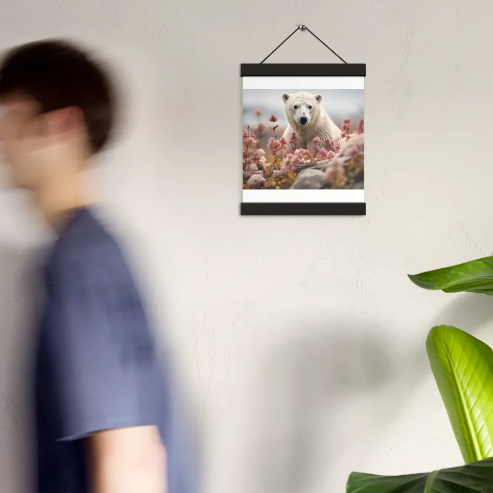 Curiosity Among Blooms: The Polar Bear | Poster With Black Wood Hanger | 8″×10″