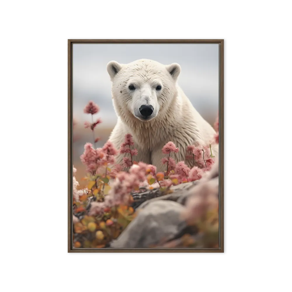 Curiosity Among Blooms: The Polar Bear | Canvas with Brown Frame | 20″×28″