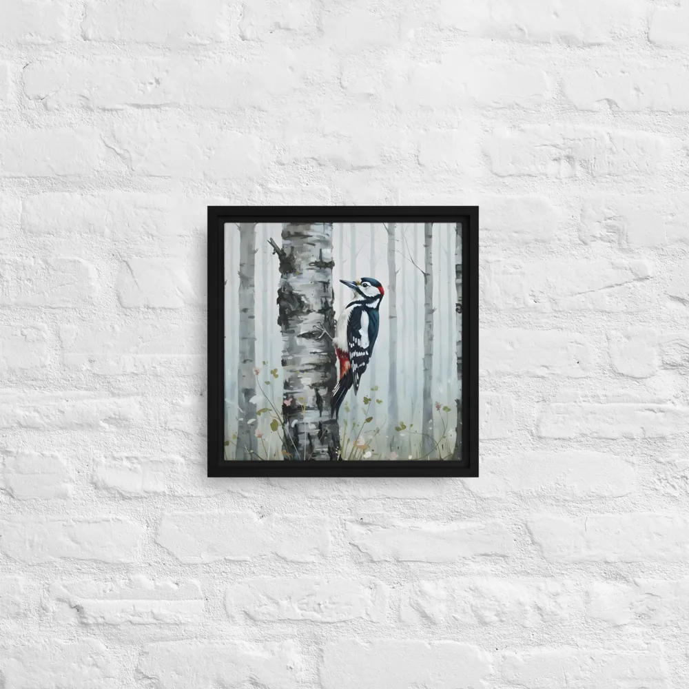 Woodpecker on Birch 
 Canvas with Black Frame | 12″x 12″