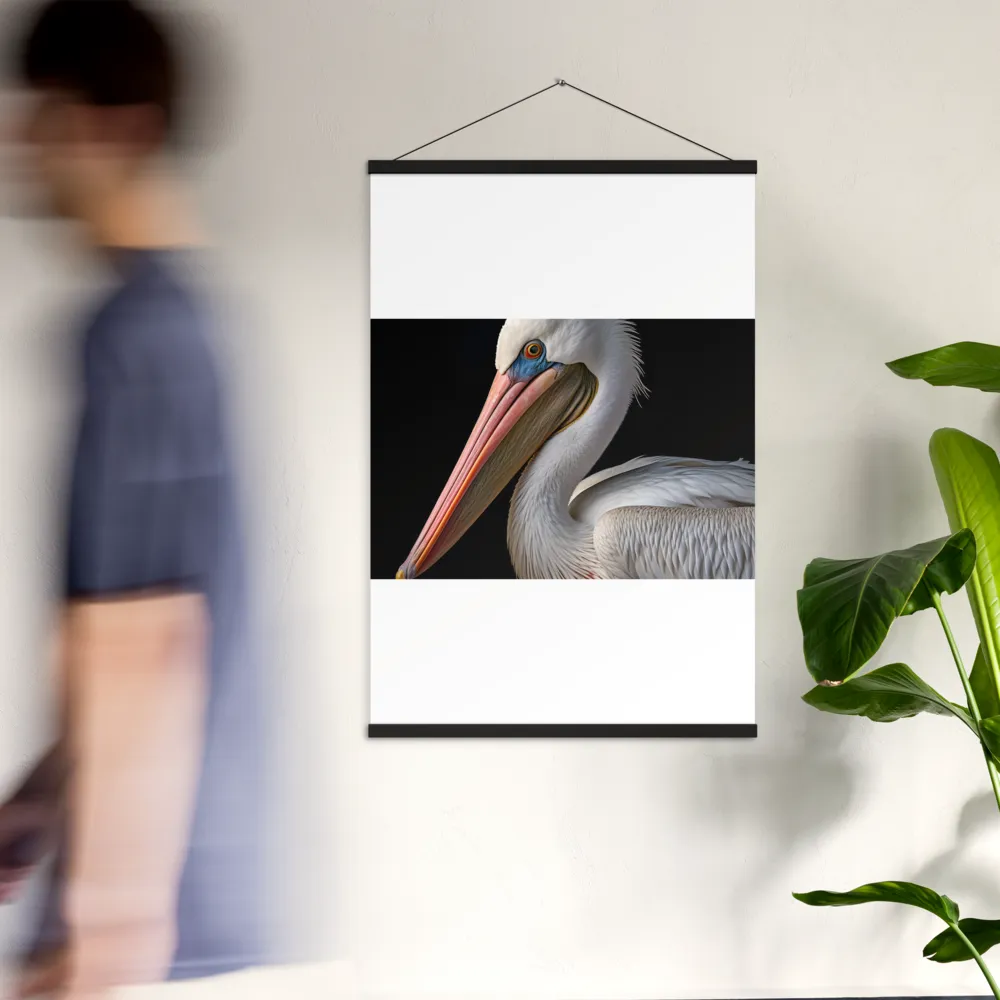 Elegance in White: The Pelican | Poster With Black Wood Hanger | 24″×36″