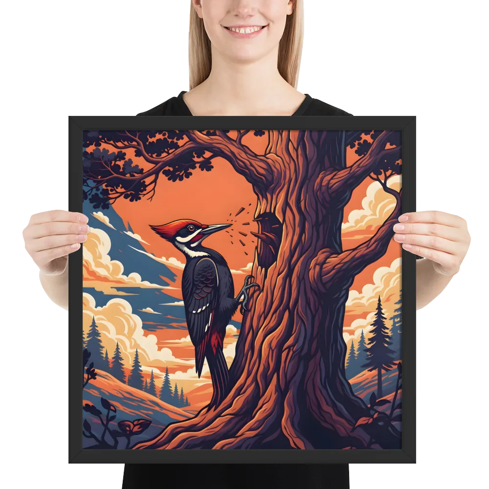 Woodpecker at Sunset 
 Poster with Black Frame | 18″x 18″