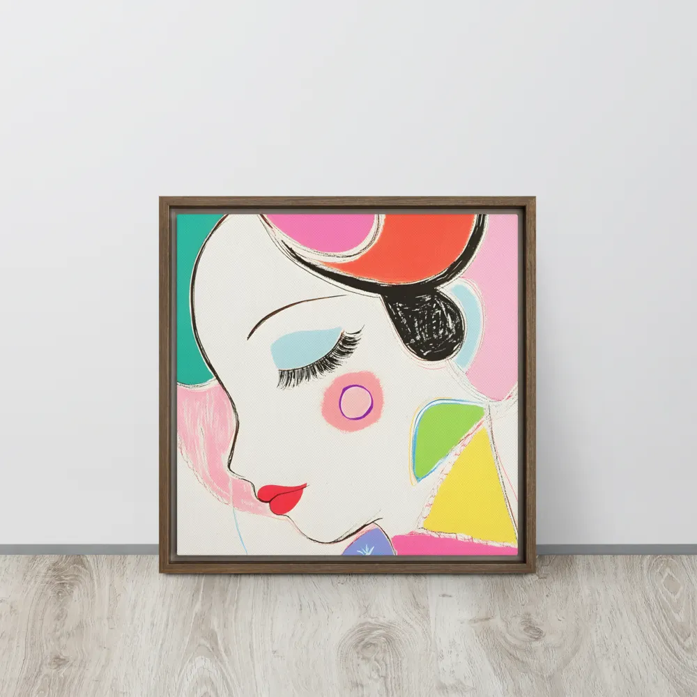 Whimsical Portrait in Colorful Abstraction | Canvas with Brown Frame | 16″×16″