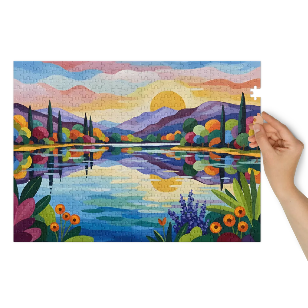 Vibrant Lakeside Serenity 
 Jigsaw Puzzle in Tin Box