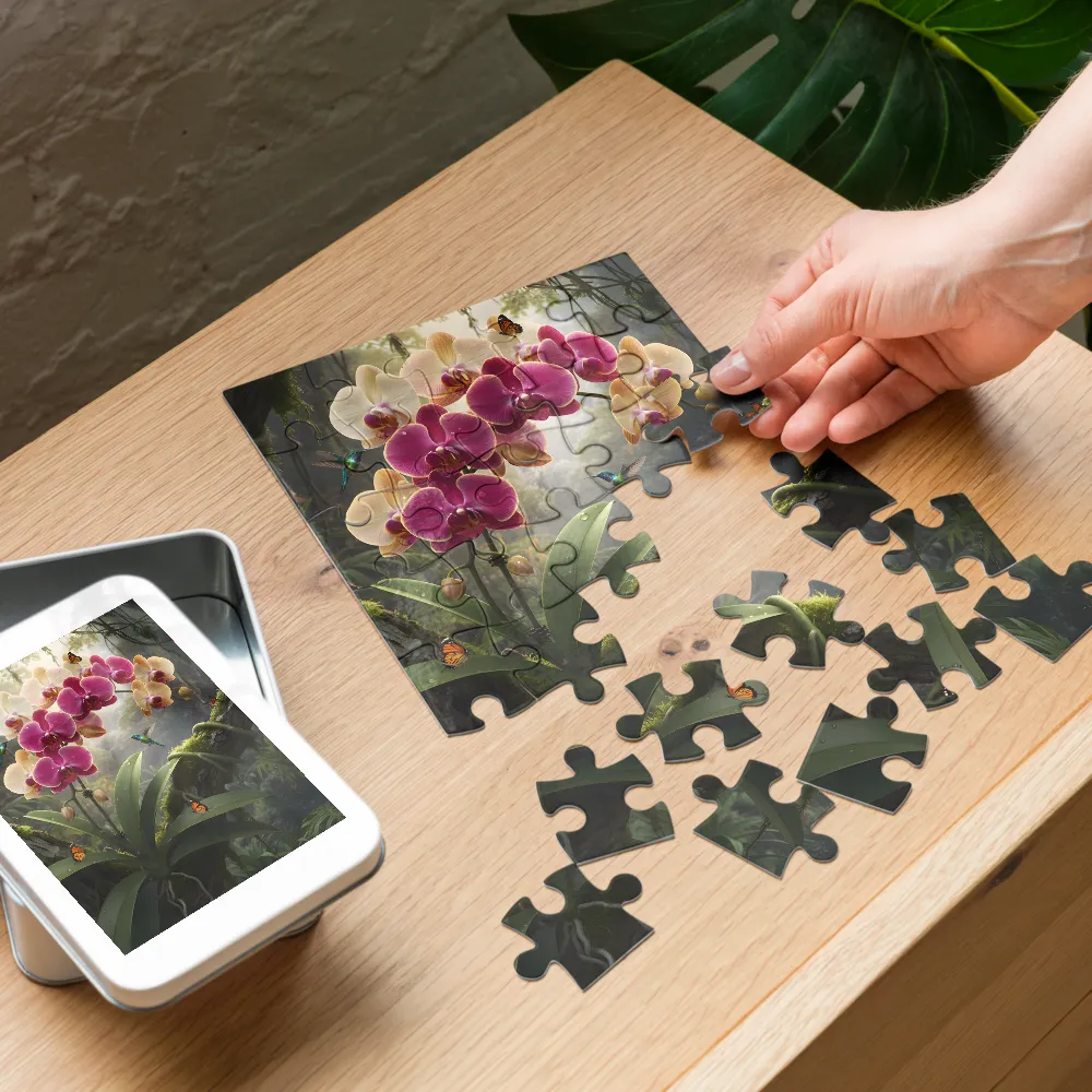 Orchid and Hummingbirds 
 Jigsaw Puzzle in Tin Box