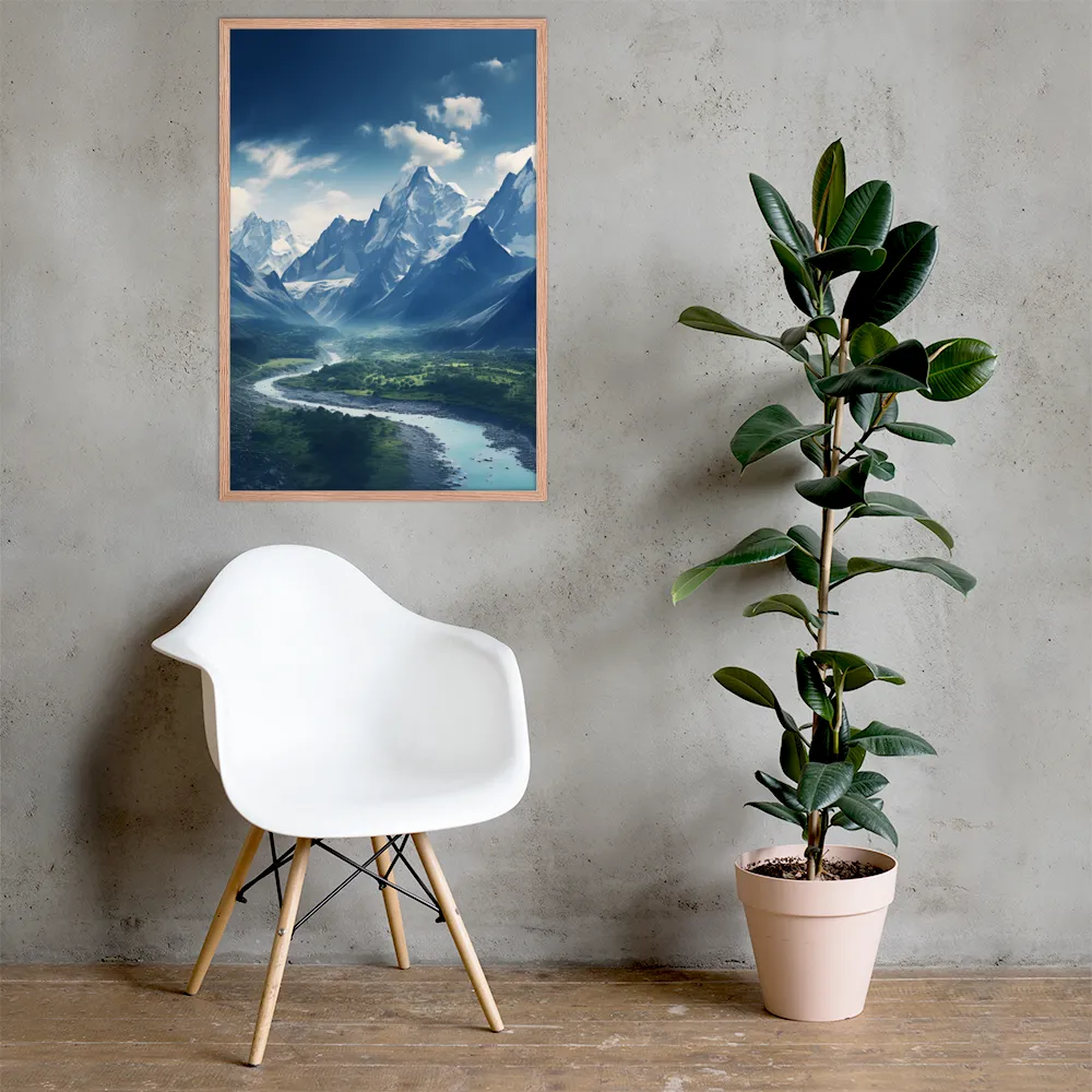 Majestic Serenity: A Landscape of Mountains and Rivers | Poster with Red oak Frame | 24″×36″