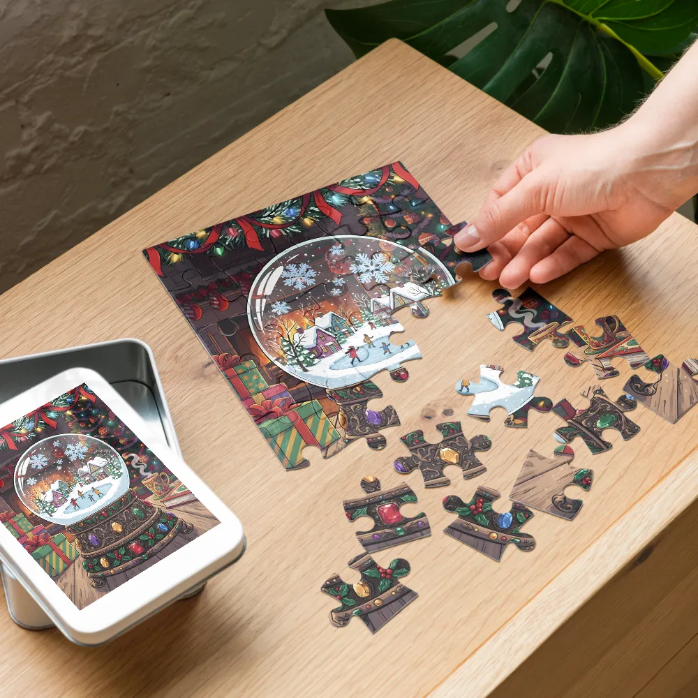 Fireside Snow Globe 
 Jigsaw Puzzle in Tin Box