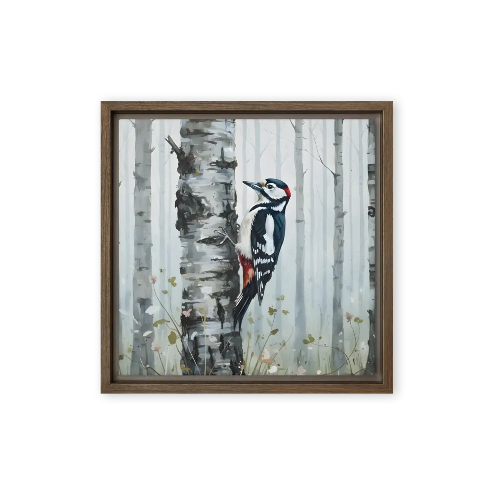 Woodpecker in Birch Forest 
 Canvas with Brown Frame