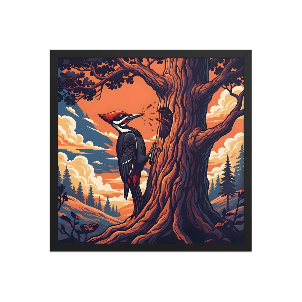 Woodpecker at Sunset 
 Poster with Black Frame | 18″x 18″