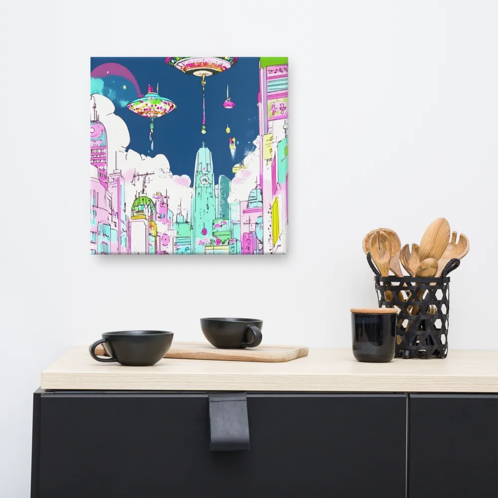 Futuristic Cityscape with Floating Structures | Canvas | 16″×16″