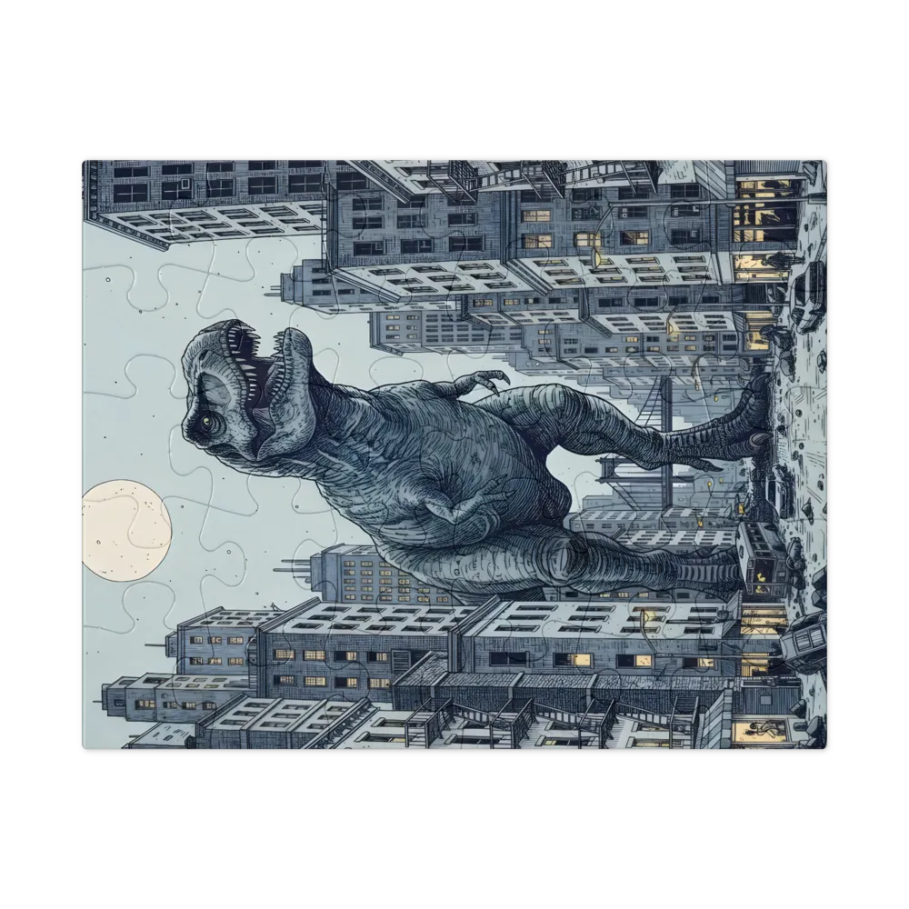 Tyrannosaurus in the City 
 Jigsaw Puzzle in Tin Box