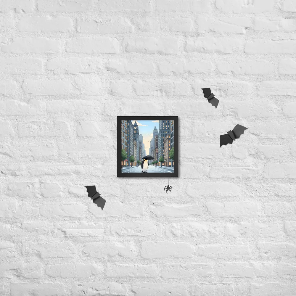 Penguin in the City 
 Poster with Black Frame | 10″x 10″