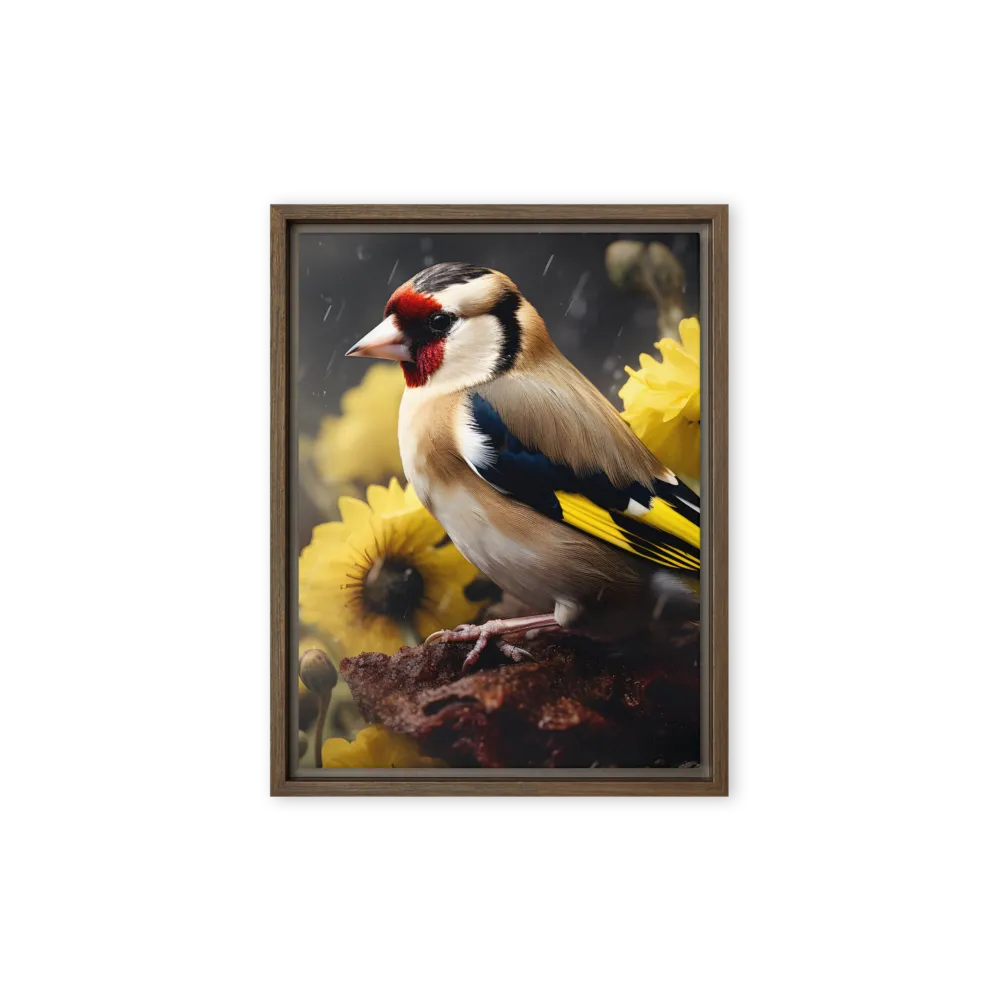 Harmony in Nature: A Goldfinch Amidst Blooms | Canvas with Brown Frame | 9″×12″