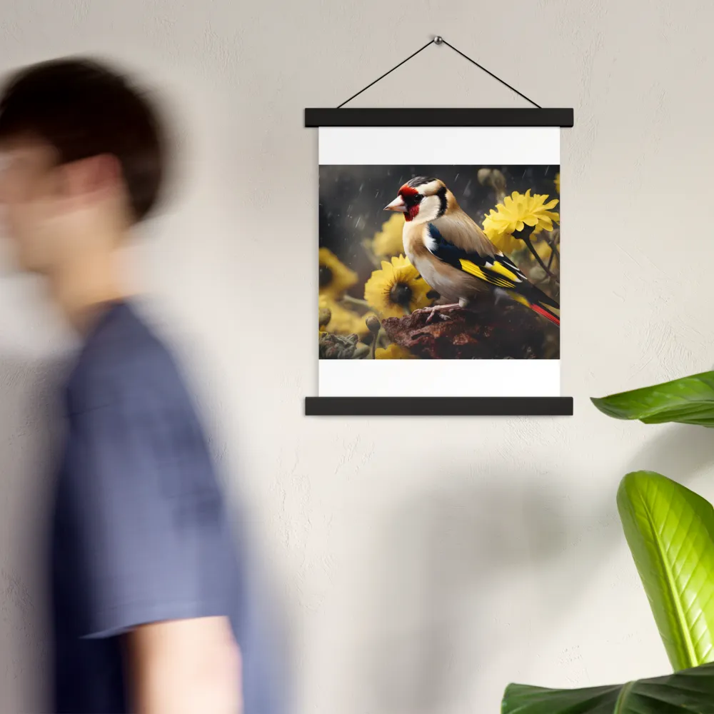 Harmony in Nature: A Goldfinch Amidst Blooms | Poster With Black Wood Hanger | 11″×14″