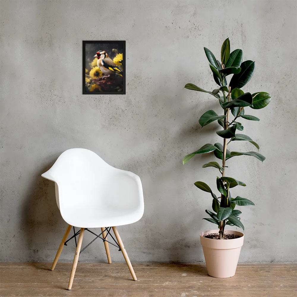 Harmony in Nature: A Goldfinch Amidst Blooms | Poster with Black Frame | 11″×14″
