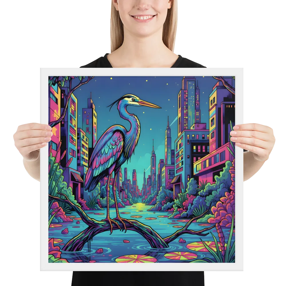Neon Heron - Urban Twilight 
 Poster with White Frame | 18″x 18″