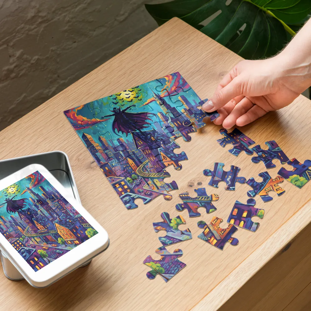 Moonlit Vampire Over City 
 Jigsaw Puzzle in Tin Box