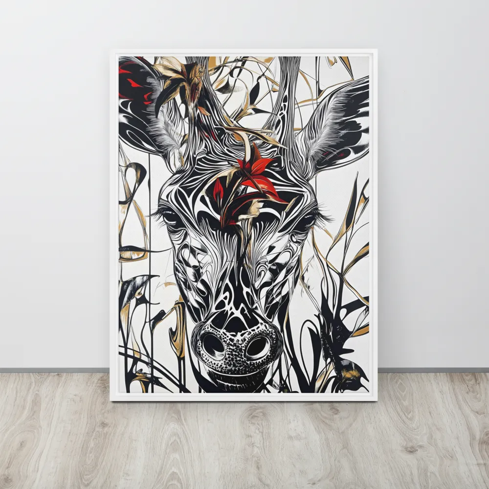 Floral Elegance: The Giraffe's Portrait | Canvas with White Frame | 24″×32″