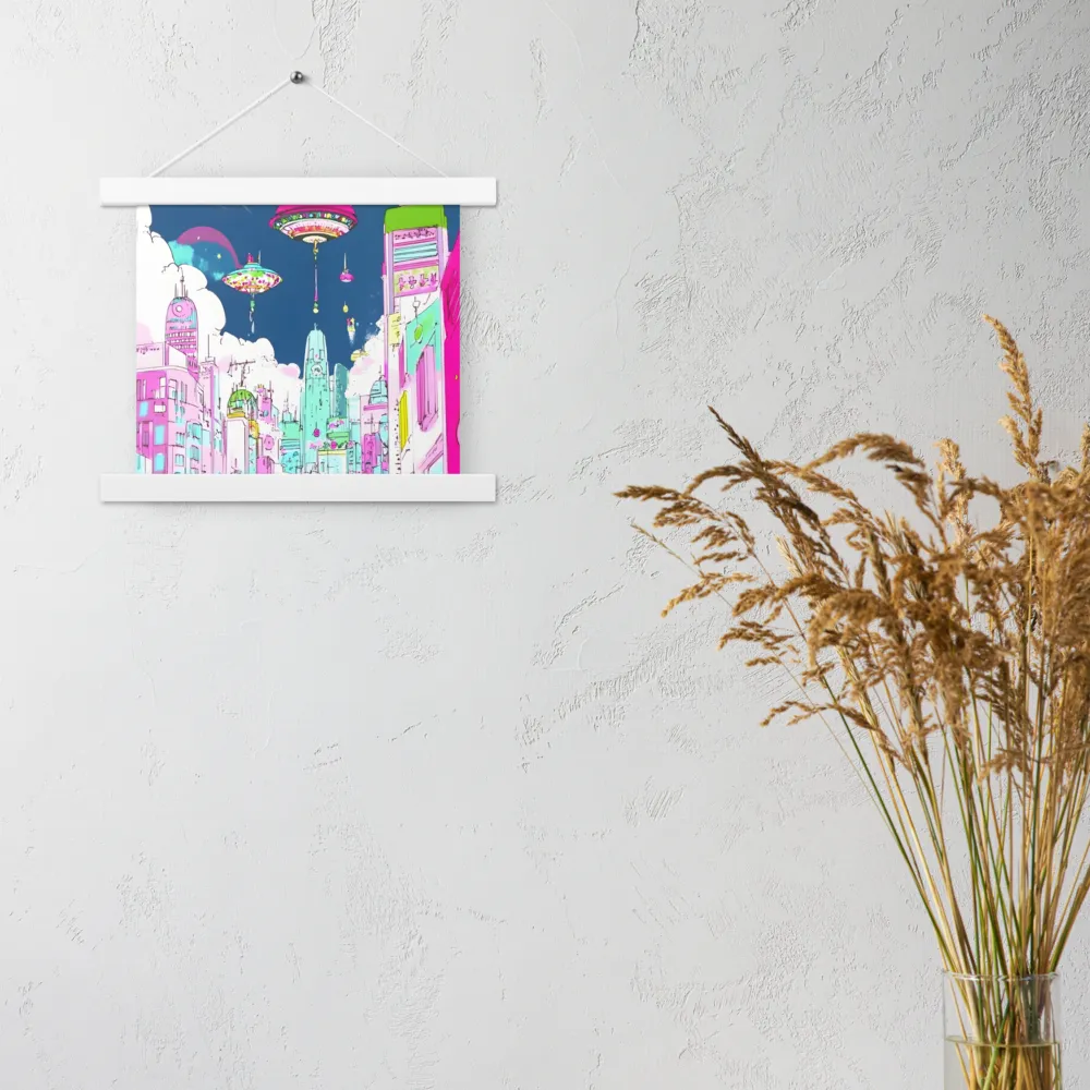 Futuristic Cityscape with Floating Structures | Poster With White Wood Hanger | 10″×10″