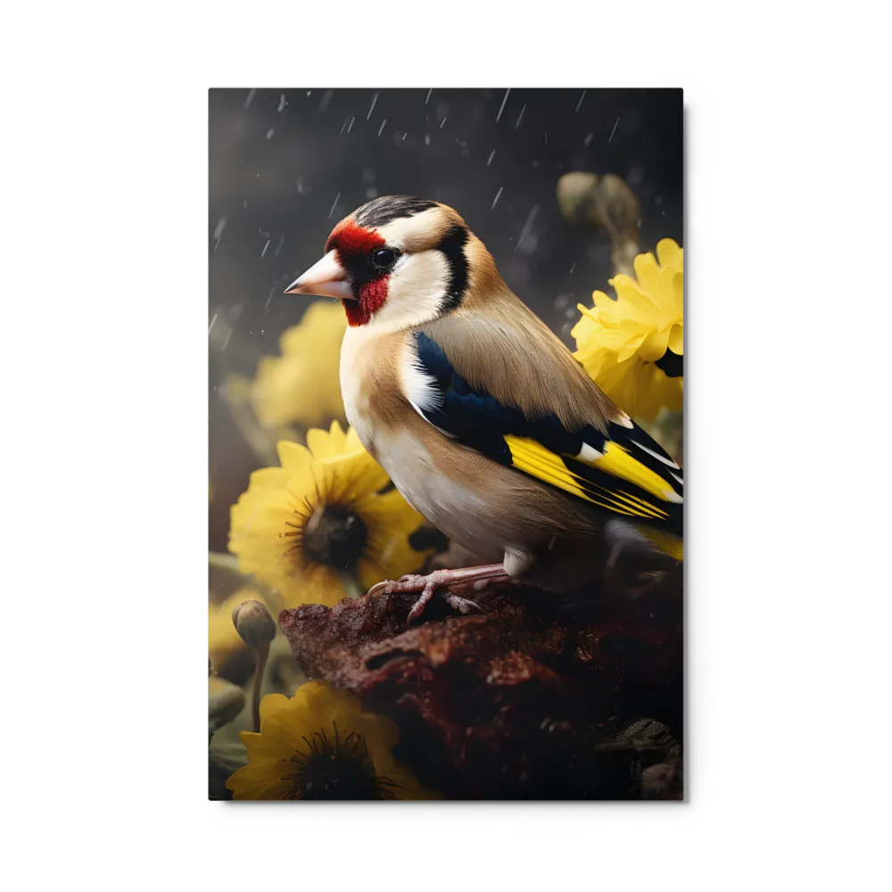 Harmony in Nature: A Goldfinch Amidst Blooms | Metal Print | 24″×36″