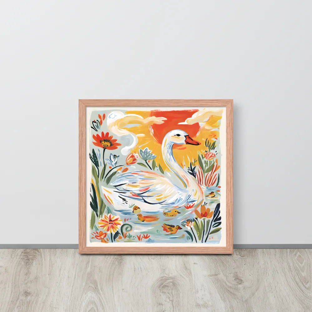 Swan and Ducklings 
 Poster with Red oak Frame | 16″x 16″