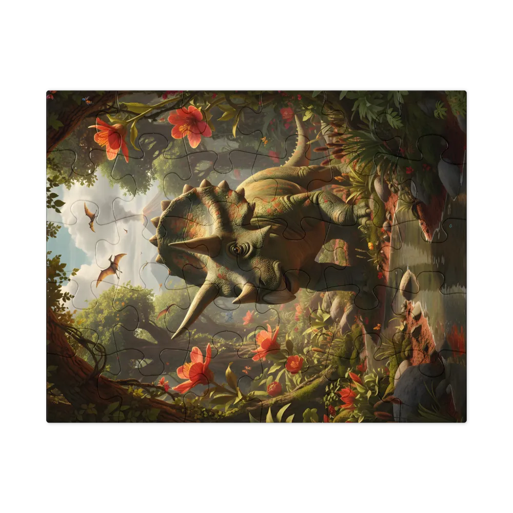 Triceratops in the Flowered Forest 
 Jigsaw Puzzle in Tin Box