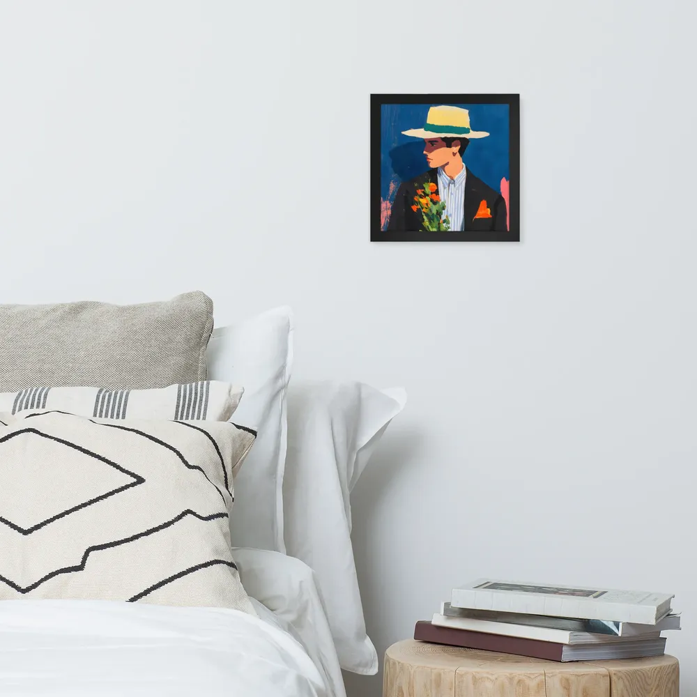 Portrait with Hat and Flowers 
 Poster with Black Frame | 10″x 10″