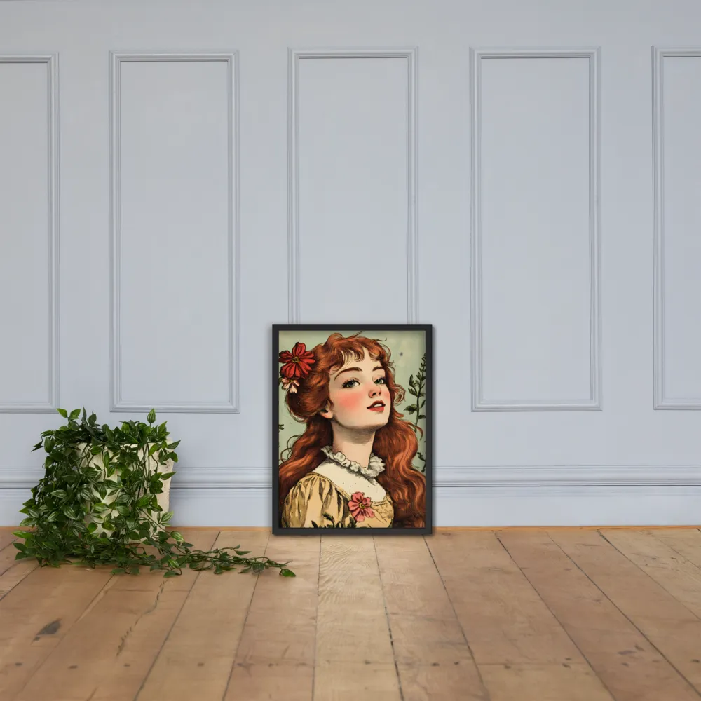 Whimsical Portrait of a Flower-Adorned Girl | Poster with Black Frame | 18″×24″