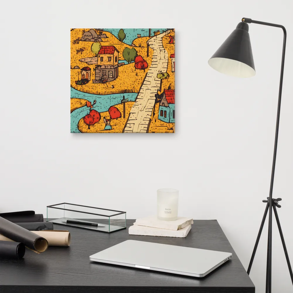 Whimsical Village Landscape | Canvas | 16″×16″