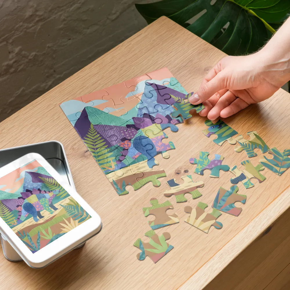 Patchwork Stegosaurus 
 Jigsaw Puzzle in Tin Box