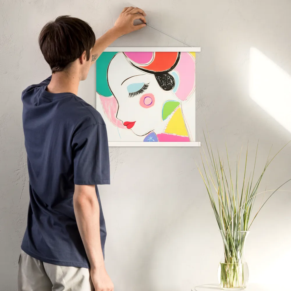 Whimsical Portrait in Colorful Abstraction | Poster With White Wood Hanger | 18″×18″