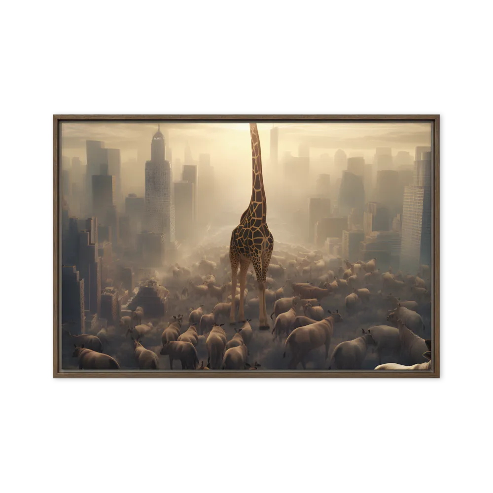 Urban Serengeti: A Giraffe's Perspective | Canvas with Brown Frame | 24″×36″