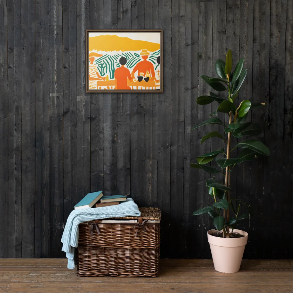 Summer Vibes: Café Conversations | Canvas with Brown Frame | 16″×20″