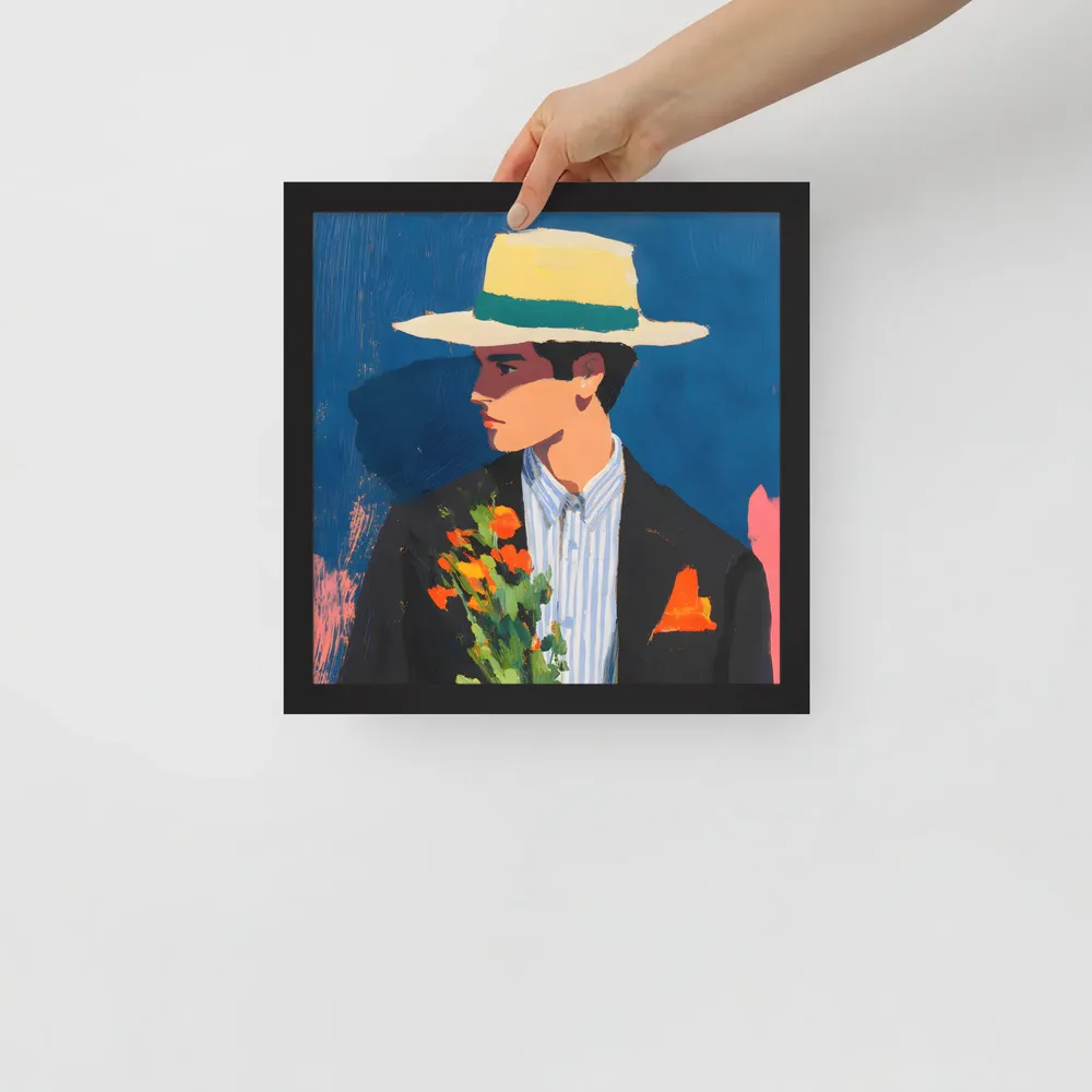 Portrait with Hat and Flowers 
 Poster with Black Frame | 12″x 12″