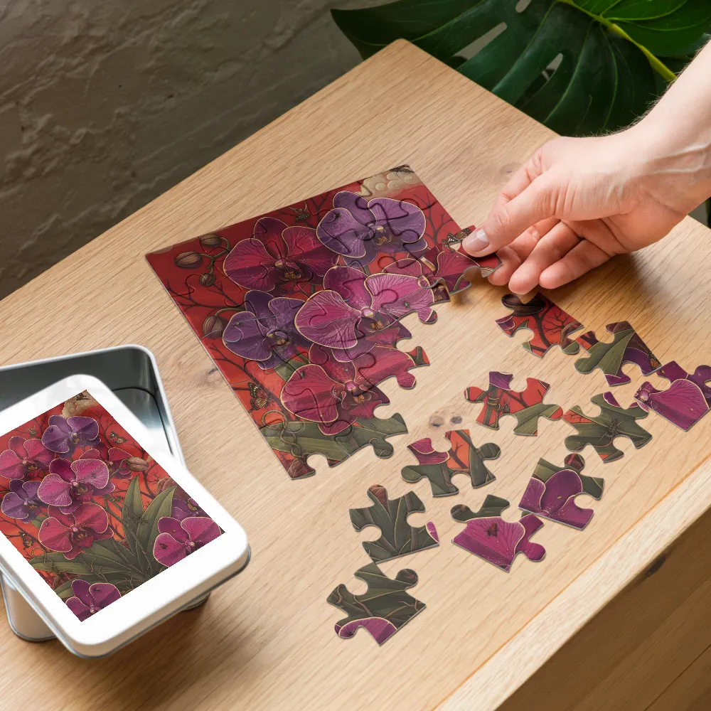 Crimson Orchids 
 Jigsaw Puzzle in Tin Box