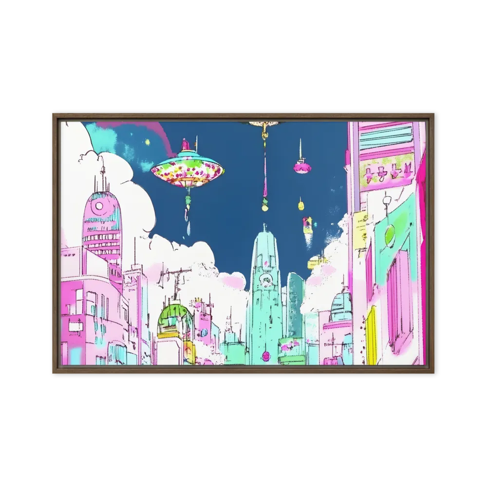 Futuristic Cityscape with Floating Structures | Canvas with Brown Frame | 20″×30″