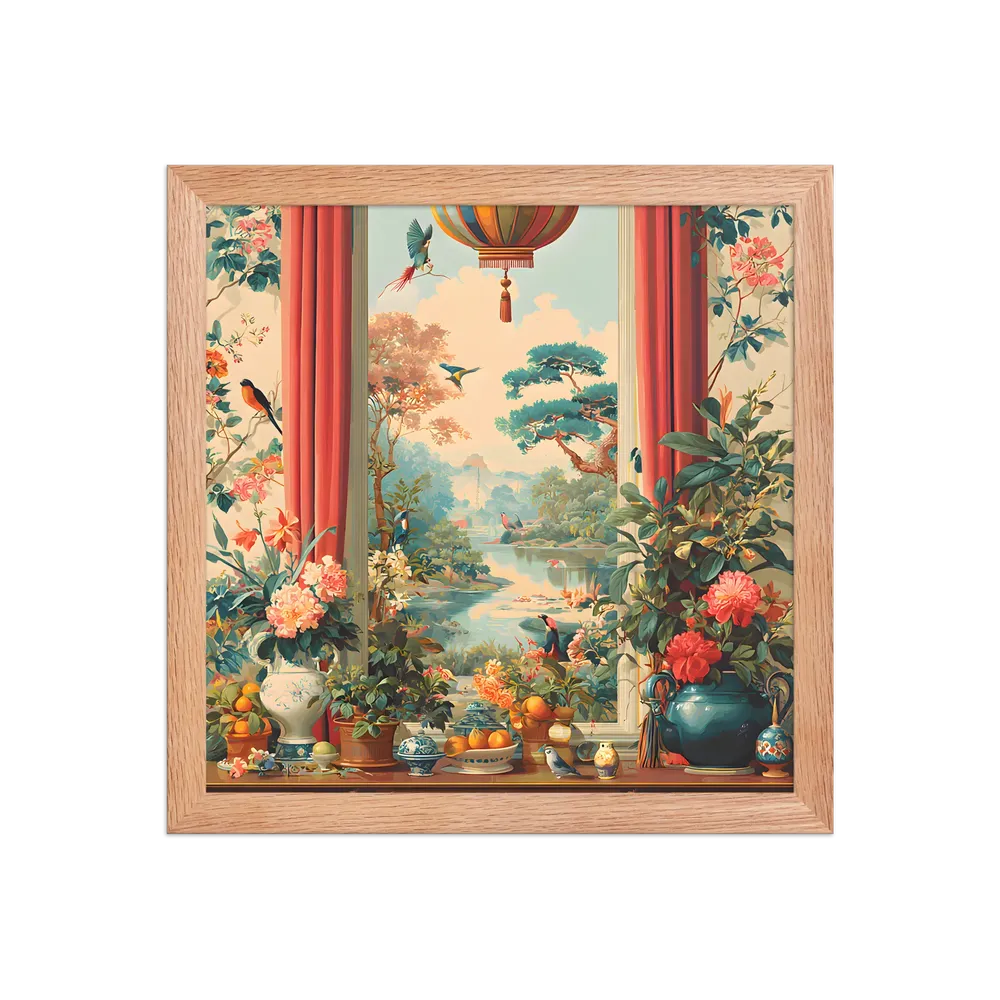 Window to the Garden 
 Poster with Red oak Frame | 12″x 12″