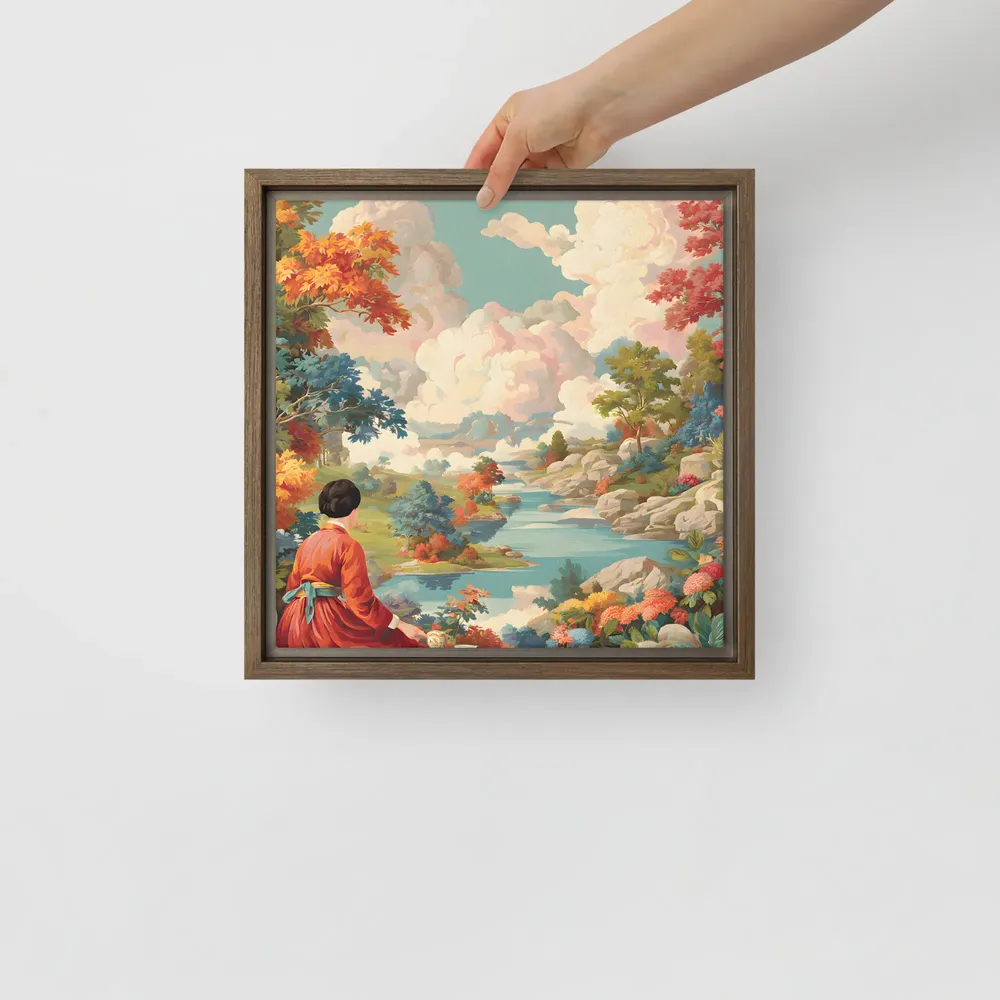 River Garden Reverie 
 Canvas with Brown Frame | 12″x 12″