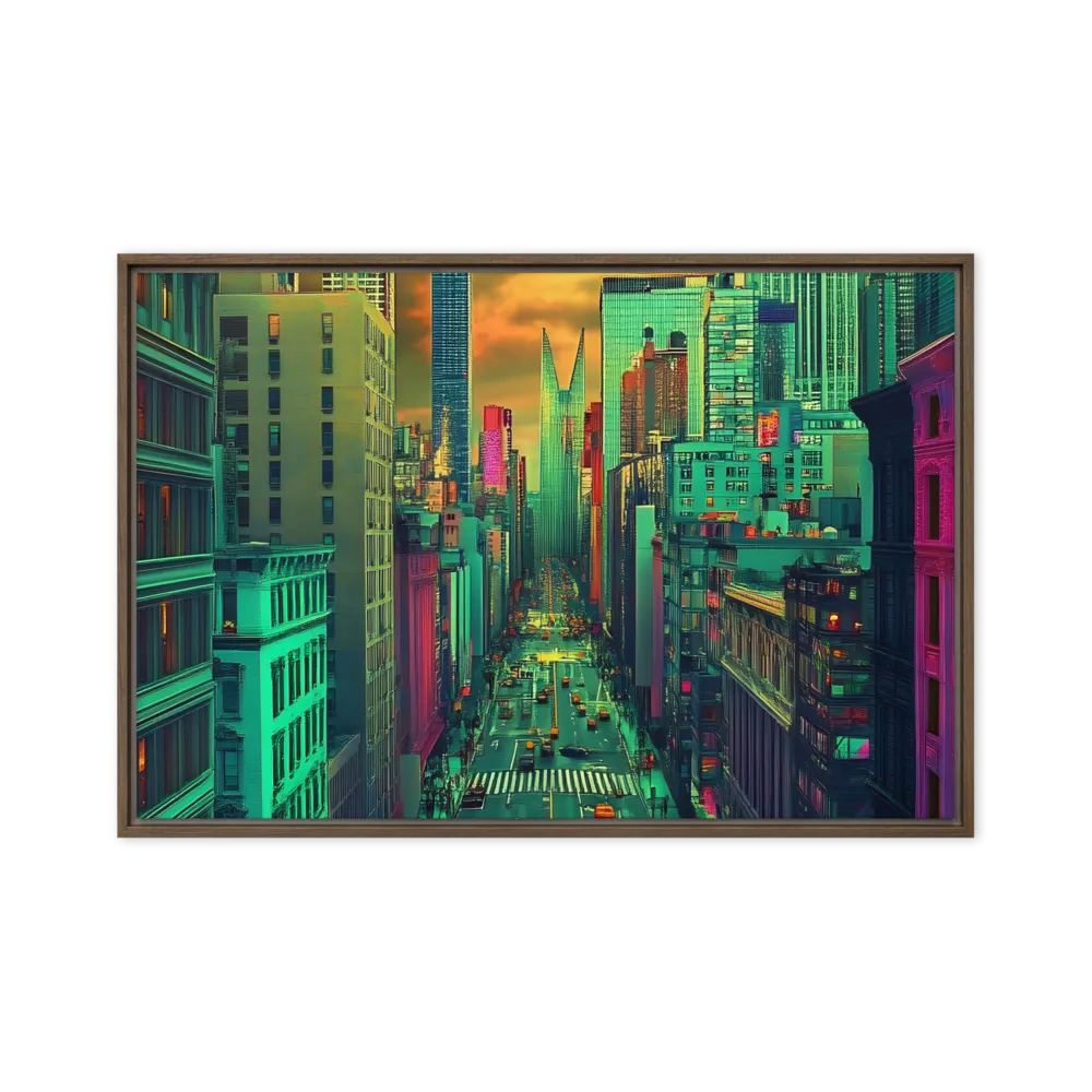 Urban Surrealism: Neon Dreams | Canvas with Brown Frame | 24″×36″
