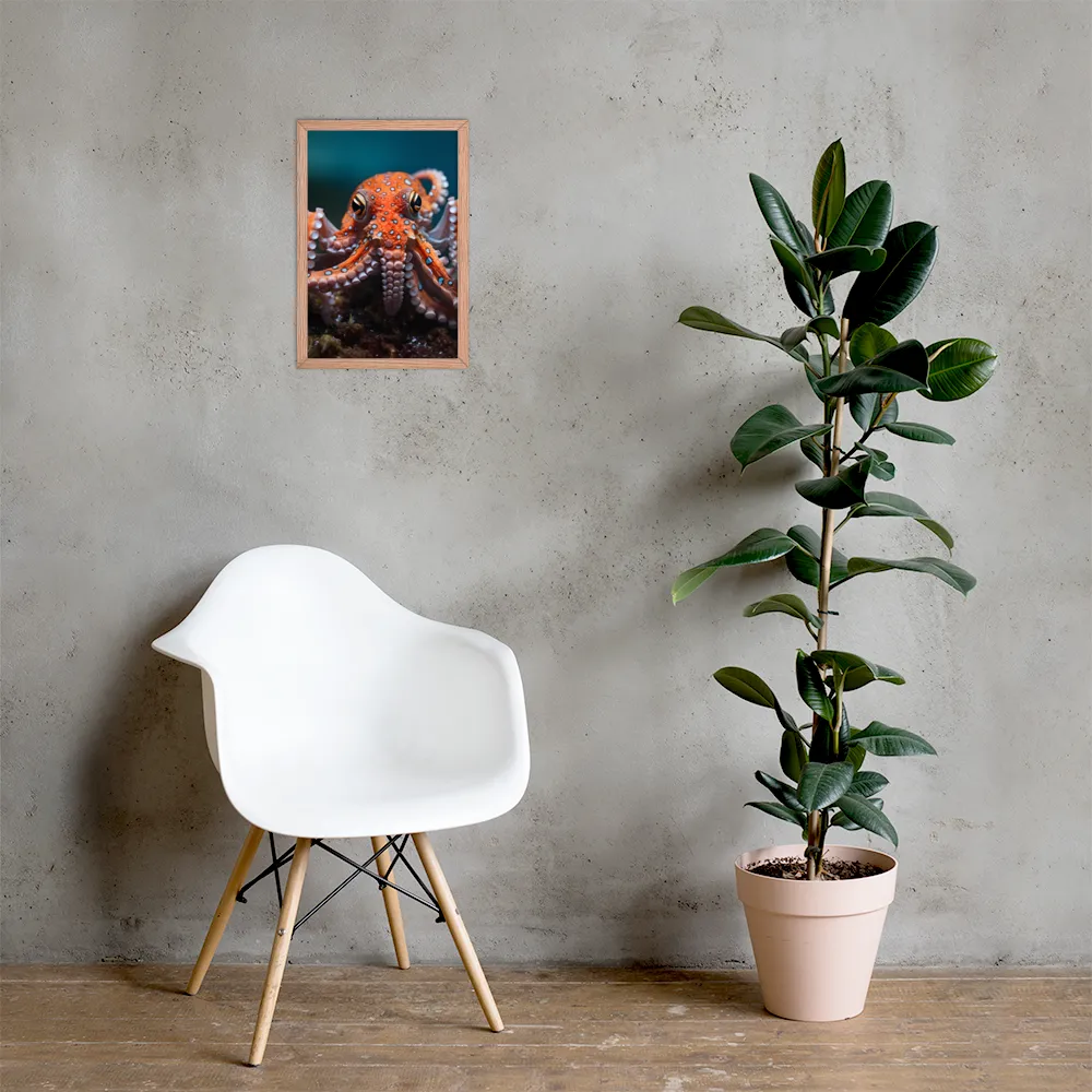 Curiosity of the Deep: The Orange Octopus | Poster with Red oak Frame | 12″×18″
