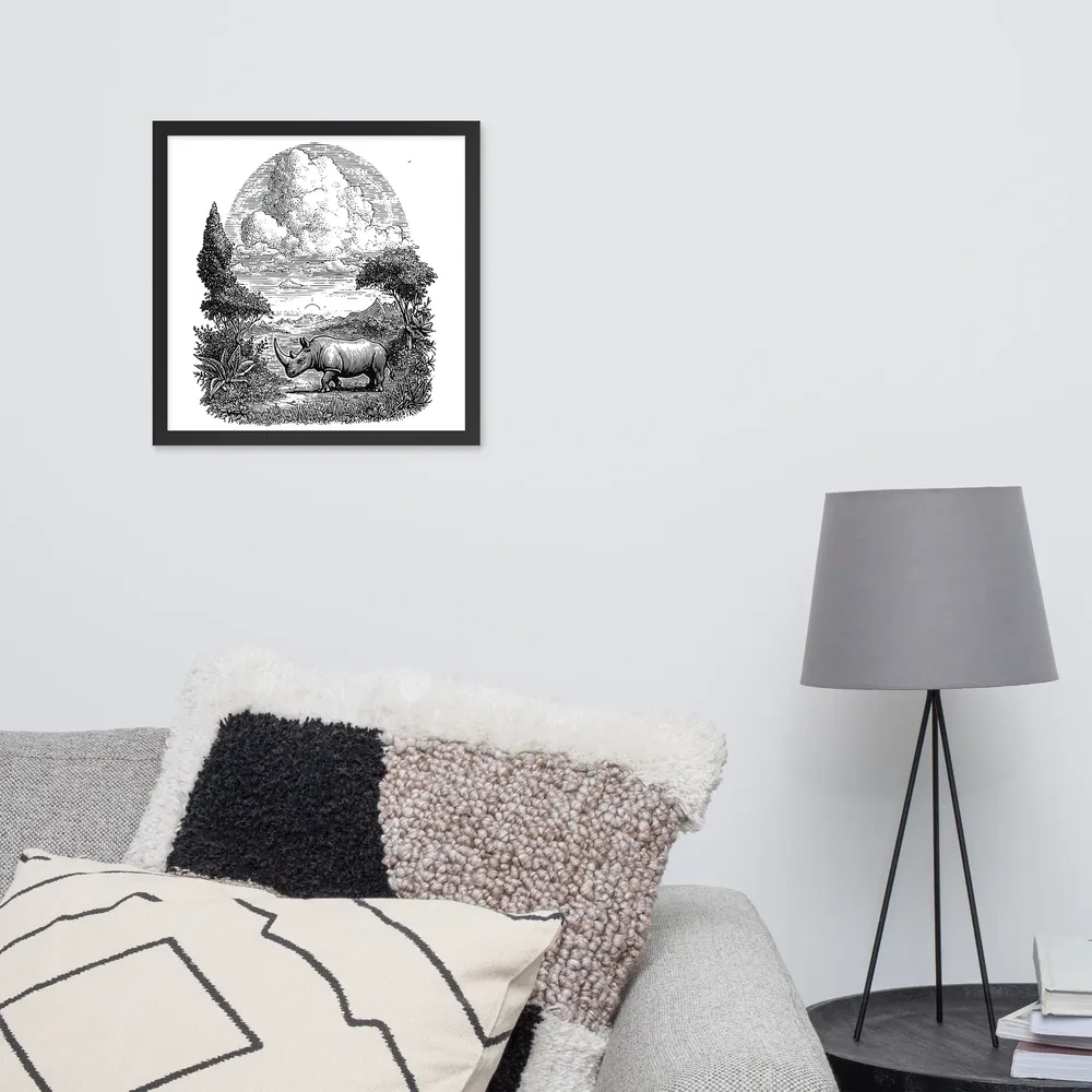 Rhinoceros Engraving 
 Poster with Black Frame | 16″x 16″