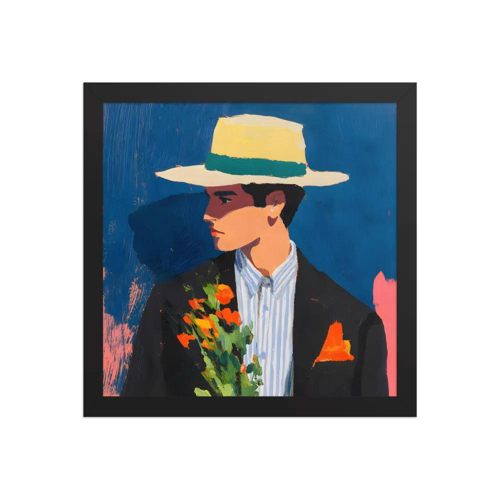 Portrait with Hat and Flowers 
 Poster with Black Frame | 12″x 12″