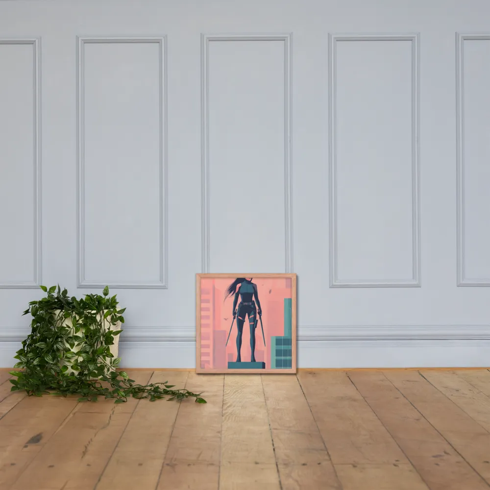 Urban Sentinel: A Warrior's Stand | Poster with Red oak Frame | 16″×16″
