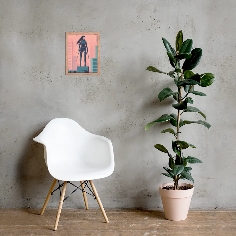 Urban Sentinel: A Warrior's Stand | Poster with Red oak Frame | 11″×14″