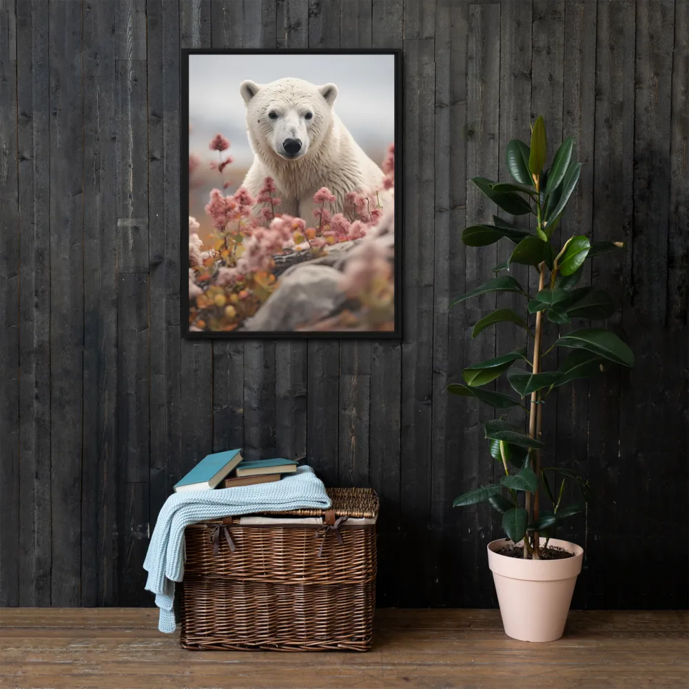 Curiosity Among Blooms: The Polar Bear | Canvas with Black Frame | 24″×32″