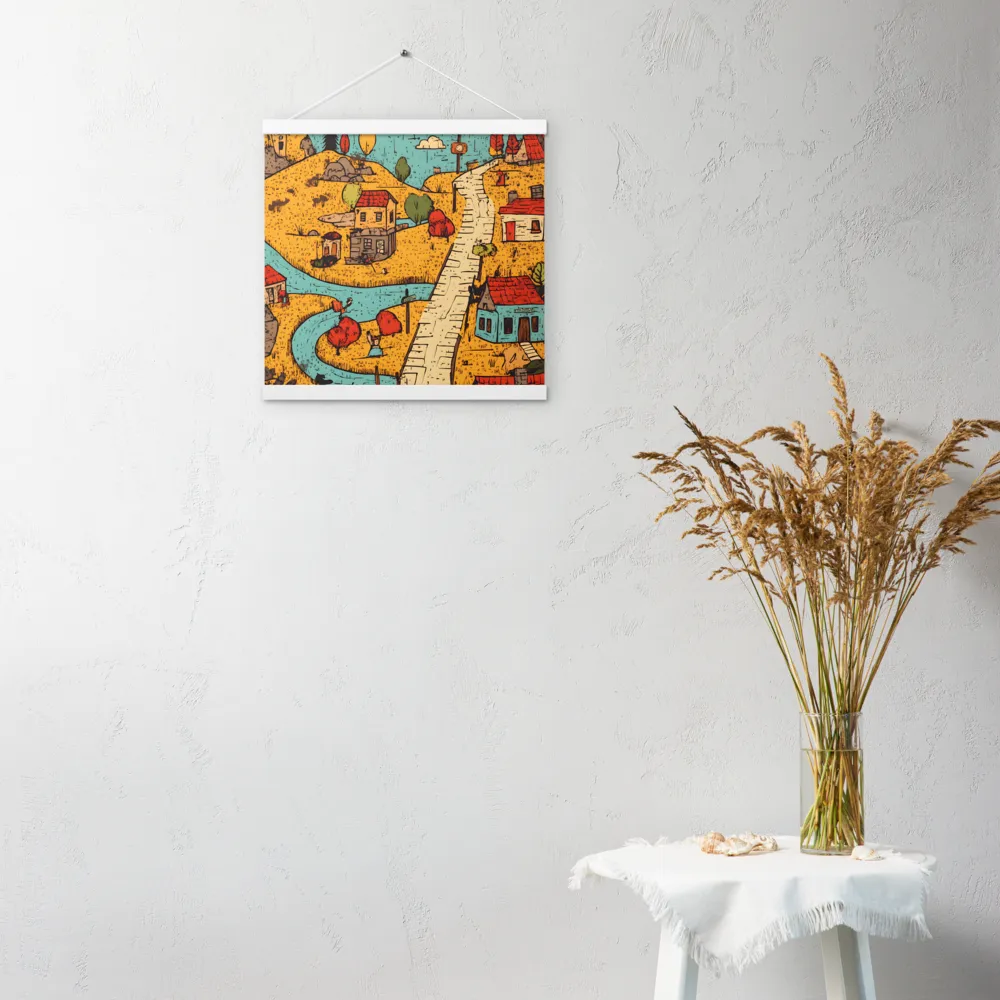 Whimsical Village Landscape | Poster With White Wood Hanger | 16″×16″