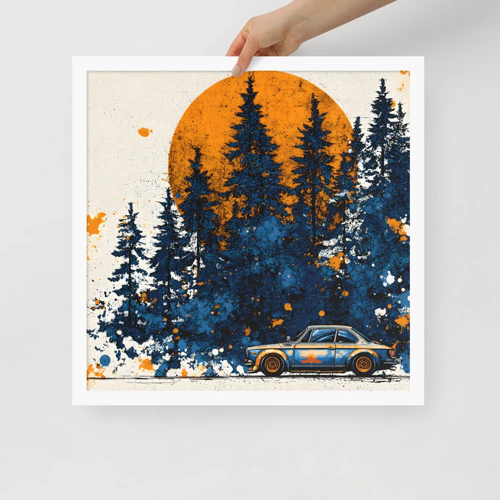 Sunset Forest Drive 
 Poster with White Frame | 18″x 18″